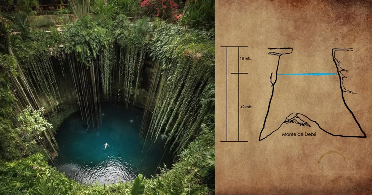 Interior del cenote con lianas y muros de piedra